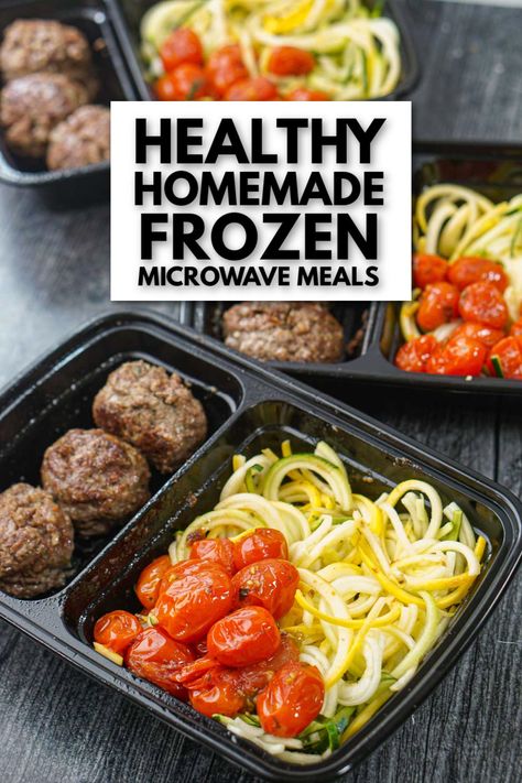 These homemade frozen microwave meals are great to have on hand for a healthy lunch or dinner. Just make a batch of these healthy paleo meatballs with zucchini noodles and roasted tomatoes and freeze for later. Having healthy pre-made food in your freezer makes eating healthy much easier. And this gluten free meal is fairly low carb and also high protein! Diy Microwave Meals Freezer, Homemade Frozen Microwave Meals, Low Carb Microwave Meals, Freezer Friendly Lunchbox Ideas, Single Serve Freezer Meals Microwave, Individual Freezer Meals Microwave, Microwavable Freezer Meals, Prep Meals For The Week Healthy Freezer, Homemade Tv Dinners Frozen Recipes