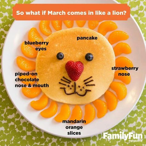 Lion pancake. Just a pic idea. Cute Breakfast Ideas, Welcome March, Tropical Garden Party, Animal Snacks, Kid Foods, Daniel And The Lions, Lion King Party, Toddler Breakfast, Food Art For Kids