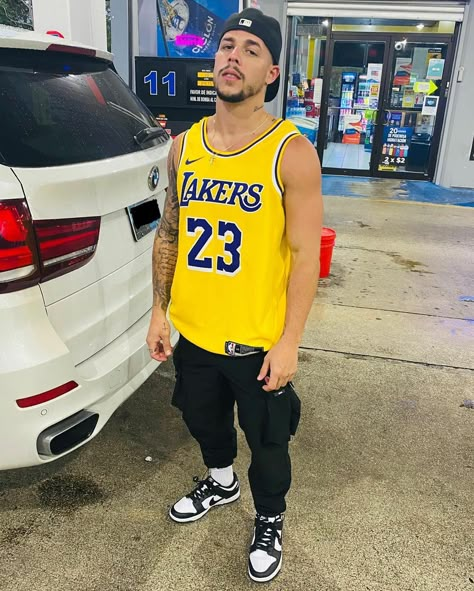 Lakers Outfit Men, Lakers Jersey Outfit Men, Laker Jersey Outfit Men, Nba Jersey Outfit Men, Jersey Outfit Men, Nba Jersey Outfit, Lakers Outfit, Mens Hairstyles Curly, Streetwear Ideas