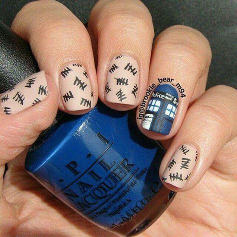 Tardis Nails, Doctor Who Nails, Coolest Nails, Nerdy Nails, Tardis Blue, Themed Nails, Tally Marks, Accent Nail, Cute Nail Art