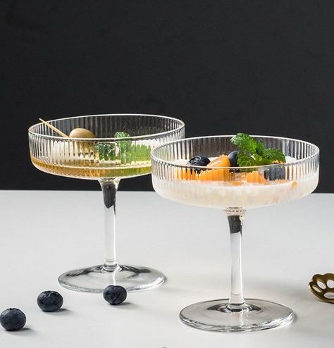 Glass Ripple Champagne Saucer Cup | Nordic Ribbed Martini Coupe For Desserts Cocktails | Christmas Wedding Birthday Housewarming Gift | UK Ribbed Glassware, Glass Range, Champagne Martini, Champagne Saucers, Handmade Dinnerware, Coconut Bowl, Small Desserts, Cocktail Desserts, Martini Glasses