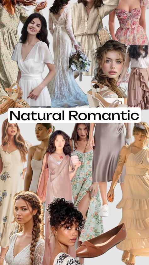 Natural Romantic style Theatric Romantic Style, Natural Romantic Style Personality, Dressing For Romantic Body Type, Hoc Natural Romantic, Romantic Essence Kibbe, Romantic Natural Ingenue Style, House Of Colour Natural Romantic Style, Natural Romantic Style Outfit, Natural Romantic Ethereal