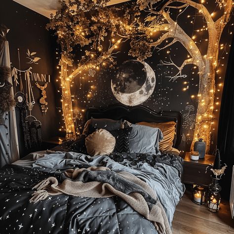 25 Enchanting Whimsy Goth Bedroom Ideas for a Mystical Vibe Disco Goth Decor, Witch Aesthetic Room Ideas, Goth Witchy Bedroom, Forest Goth Bedroom, Mystical Room Aesthetic, Dark Forest Bedroom Ideas, Small Gothic Bedroom Ideas, Whismgothic Bedroom, Dark Bohemian Bedroom Decor