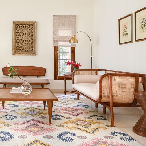 Wood and cane give this airy Bengaluru home a timeless charm | Architectural Digest India Modern Traditional Living Room, Bohemian Interior Design, Modern Bedside Table, Teak Dining Table, Indian Homes, Traditional Living, Traditional Living Room, Rectangular Dining Table, Modern Traditional