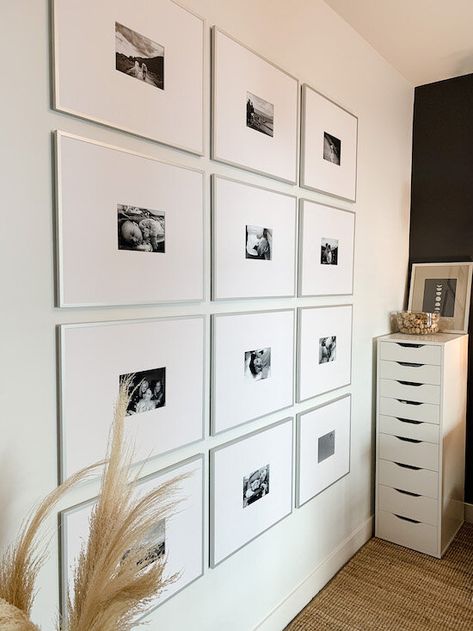 HOW TO MAKE AN OVERSIZED MAT GALLERY WALL GRID — KENDRA FOUND IT Gallery Wall Diy, Gallery Wall Grid, Stairway Ideas, Coastal Office, Wall Grid, Ikea Pictures, Frames Diy, Large Gallery Wall, Diy Gallery Wall