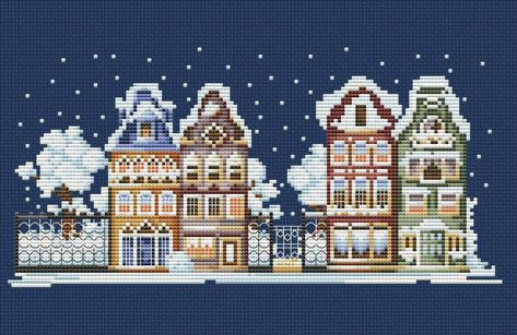 "Offering a digital PDF cross stitch pattern \"Winter Street\"  Fabric: Aida 14, White, DMC 138w X 67h Stitches Size(s):  14 Count, 25.04w X 12.16h cm 10 Count, 35.05w X 17.02h cm 16 Count, 21.91w X 10.64h cm 18 Count, 19.47w X 9.45h cm The pattern will be available for you to download in PDF format directly after your payment is received. PDF file will be sent to the email you have on file on your Etsy account." Cross Stitch House, Winter Street, 10 Count, Winter House, Cross Stitch Art, Cross Stitch Pattern, Stitch Pattern, Cross Stitch Patterns, Stitch Patterns