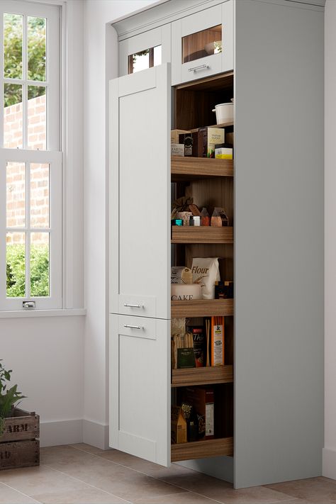 Pull Out Larder, Contemporary Shaker Kitchen, Organised Kitchen, Renovation House, Tall Kitchen Cabinets, Clever Kitchen Storage, Kitchen Larder, Kitchen Storage Ideas, Kitchen Cupboard Storage