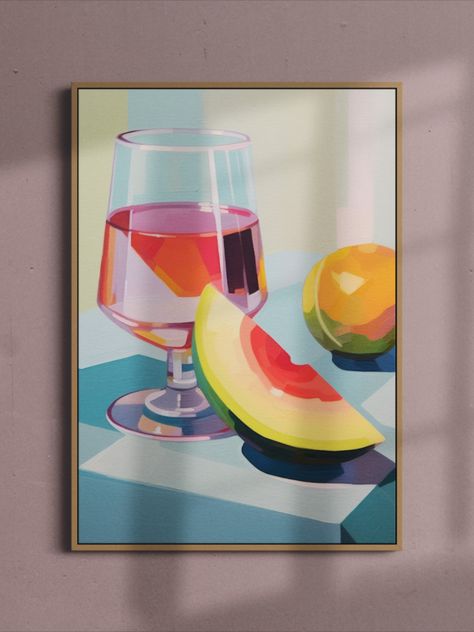 Oil Painting Still Life of a glass of Rosé wine on a blue table with a slice of water melon and an orange. Still Life Poster Colour Painting, Wine Glass Still Life, Fruit Still Life Painting, Wine And Fruit, Colorful Table Setting, Poster Color Painting, Oil Painting Still Life, Rosé Wine, Poster Paint