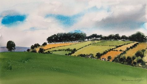 Watercolor Scenes, Trip To England, Lush Landscape, Landscape Sketch, Landscape Watercolor, Sand Painting, Green Pasture, Green Hills, Watercolor Projects