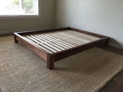 Black Wood Headboard, Walnut Bed Frame, Hardwood Bed, Simple Bed Frame, Walnut Bed, Bed Frame Design, Wooden Bed Design, Full Bed Frame, Slatted Headboard