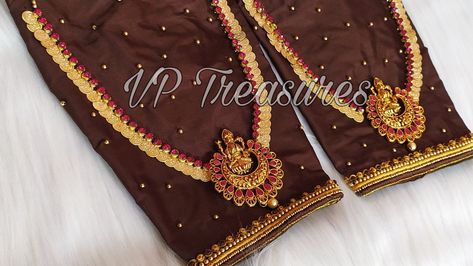 This is our bridal blouse work from VP Treasures, which we used to portray a real kaasu malai aaram on sleeves. I hope you may like this design, and also please subscribe to my channel in YouTube. Jewel Design Aari Work, Aari Jewellery Designs, Kaasu Work Blouse Designs, Unique Designers Aari Work, Aari Work For Beginners, Blouse Aari Work, Worked Blouse, Hand Work Design, Traditional Blouse Designs