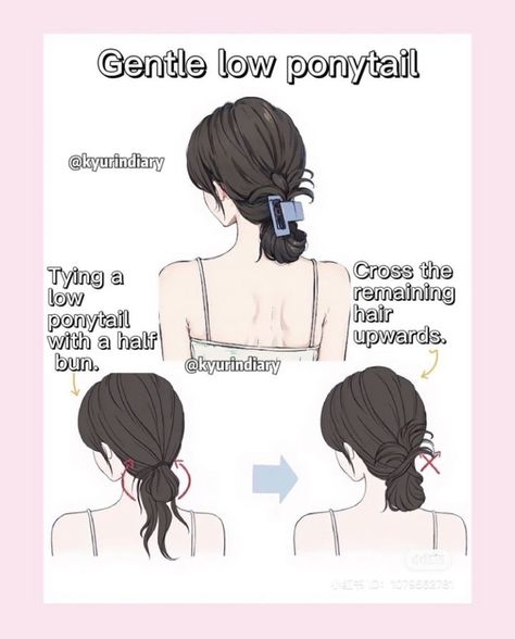 Hairstyles Low Ponytail, Ponytail Styles Korean, How To Tie A Ponytail, Ponytail With Claw Clip, Hairstyle Tied Up, Hairstyle With One Hair Tie, Tie Hairstyle, Claw Clip Hairstyles Korean, Short Hair Tied Up Ideas