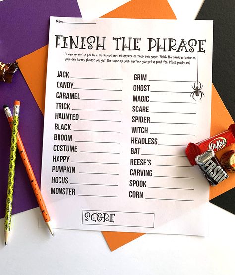 Halloween Games On Paper, Finish The Phrase Game For Seniors, Finish The Phrase Game, Halloween Word Games For Adults, Halloween Activities For Elderly, Halloween Games For Seniors Citizens, Halloween Trivia Games For Adults, Diy Halloween Games For Adults, Free Printable Halloween Games