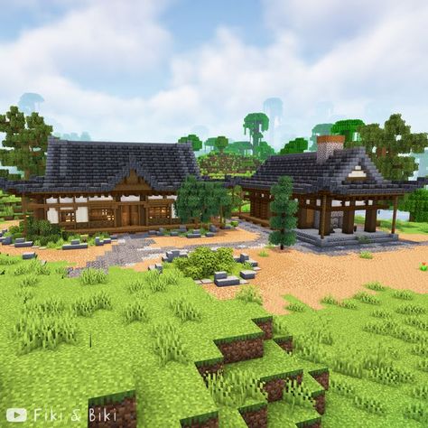 Timelapse vid of this build on our YouTube channel: Fiki & Biki 🐔 (link in bio) Minecraft Japanese Mega Base, Minecraft Japanese Farmhouse, Minecraft Asian Village, Workshop Minecraft, Survival Base Minecraft, Minecraft Japanese Village, Minecraft Floor Designs, Minecraft Id, Asian Village