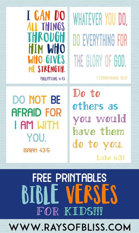 Kids Bible Verses Free Printables - Set of 4 - Rays of Bliss Kids Bible Verses, Scriptures For Kids, Kids Bible Study, Verses For Kids, Memory Verses, Bible Verses For Kids, Preschool Bible, Bible Study For Kids, Kids Bible