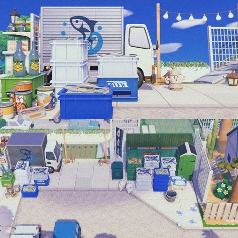 Fish Shop Animal Crossing, Acnh Port Town, Animal Crossing Coastal, Acnh Fishing Village, Acnh Fishing Area, Acnh Fish Market, Acnh Boardwalk, Animal Crossing Fish, Fish Gallery