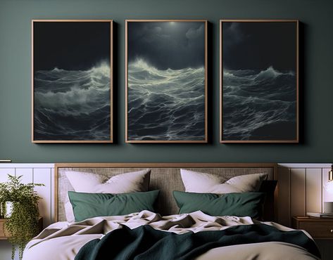 Creating the perfect bedroom decor for men starts with bold and stylish wall art that reflects personality and modern flair. My tips will guide you through picking the best pieces that elevate any space with minimal effort. Check out how easy it is to upgrade a room with the right artwork. Save this pin now to keep these decor ideas at your fingertips! Coastal Gothic Decor, Moody Ocean Bedroom, Dark Beach Decor, Dark Academia Apartment Bedroom, Moody Coastal Aesthetic, Moody Coastal Bedroom, Bedroom Decor For Men Wall Art, Moody Beach Aesthetic, Dark Coastal Aesthetic