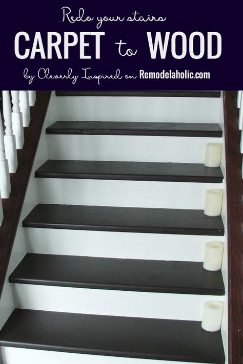 Under $100 Carpeted Stair To Wooden Tread Makeover DIY Stairs Remodeling, Renovation Hacks, Stairs Makeover Design, Diy Stairs Makeover, Redo Stairs, Diy Staircase Makeover, Stairs Makeover Ideas, Basement Stairs Ideas, Stairs Decor