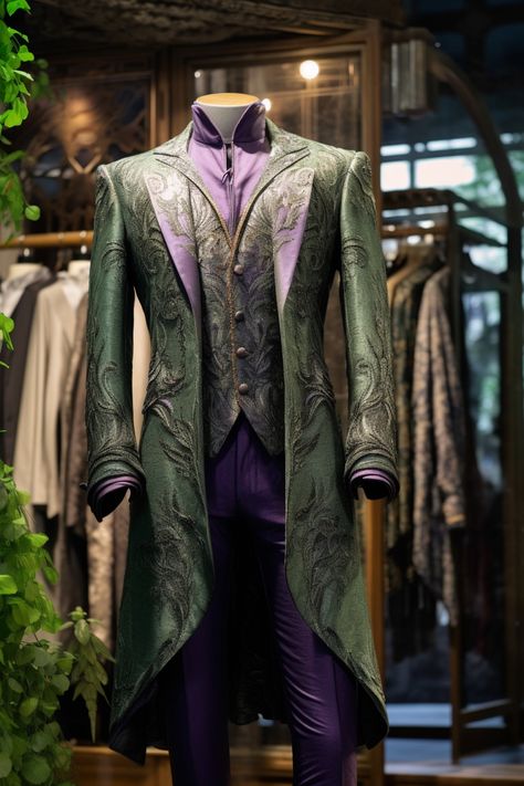 Wisteria inspired suit Elven Wedding Outfit Male, Platonic Wedding, Ghost Girlfriend, Bg3 Gale, Frog Pottery, Green Suit Men, Ren Faire Outfits, Costumes Couture, Gala Outfit