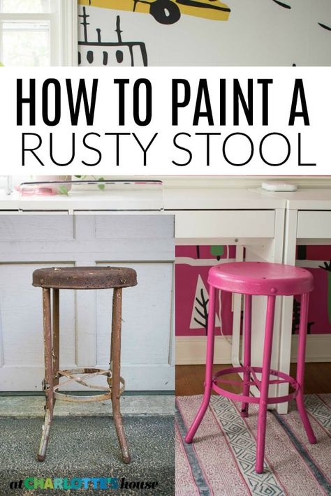 I found this rusty stool at the flea market for $5 but it has a whole new lease on life thanks to Rust-Oleum's stop rust spray paint! #spraypainting #fleamarketflup, #homemadewith joann Paint Over Rusted Metal, How To Paint Over Rusted Metal, How To Paint Rusted Metal, Metal Stool Makeover, Paint Metal Furniture, Painting Rusted Metal, Revamping Furniture, Painting Rusty Metal, Stool Makeover