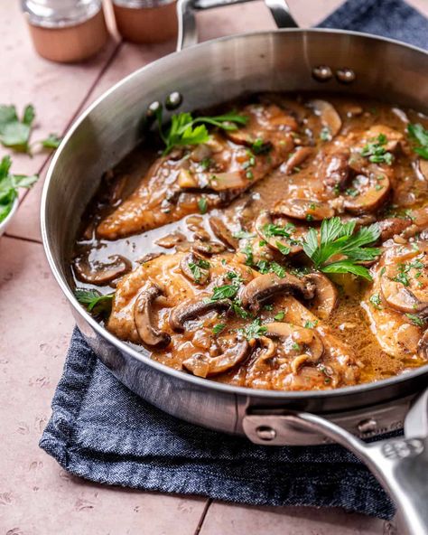 Chicken with Mushroom Marsala Sauce (Pollo al Marsala) - Cooking With Wine Blog Mushroom Marsala Sauce, Chicken Mushroom Marsala, Mushroom Marsala, Veal Milanese, Marsala Mushrooms, Chicken With Mushroom, Cooking With Wine, Marsala Sauce, Marsala Recipe