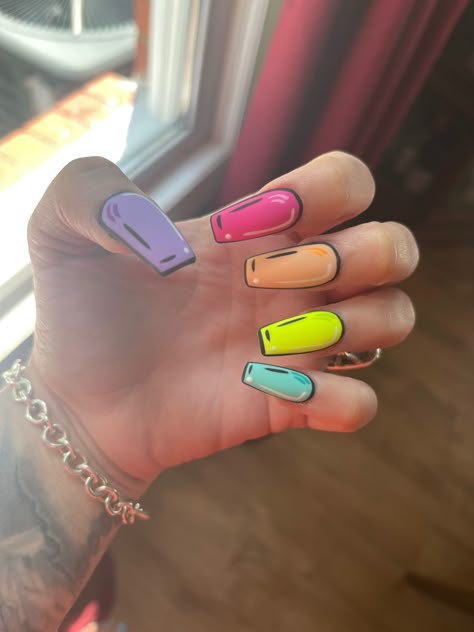 Cartoon/ pop art nails White Pop Art Nails, Nail Ideas Cartoon, Cartoon Looking Nails, Acrylic Nails Cartoon Art Designs, Nails Acrylic Cartoon, Pop Art Acrylic Nails, Short Cartoon Nails, Cartoon Nails Design, Cartoon Pop Art Nails