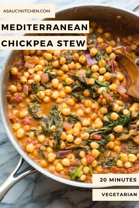 Fall Chicken Recipes, Chickpeas And Spinach, Mediterranean Chickpea, Easy Vegetarian Recipes, Easy Vegetarian Dinner, Easy Mediterranean Diet Recipes, Spinach Feta, Chickpea Stew, Chickpea Recipes