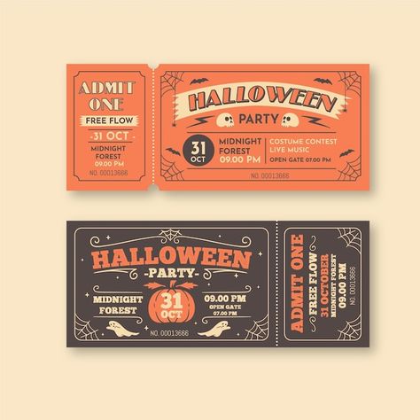 Halloween Ticket Design, Ticket Template Aesthetic, Halloween Design Illustration, Halloween Tickets, Halloween Party Tickets, Ticket Drawing, Ticket Template Free, Coffee Label, Halloween House Party