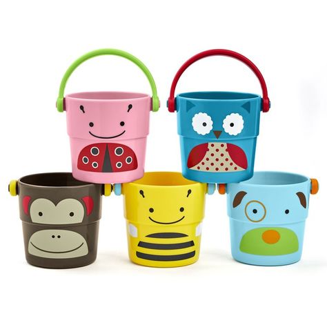 Stack, fill and pour with these easy-grab buckets featuring Skip Hop zoo theme animal characters. Manufactured by Skip Hop. Recommended for birth to 12 months, 12 to 24 months, 2 years, 3 years.