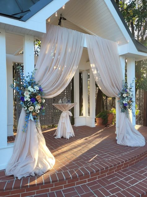 Wedding Altar Drapery, Draped Doorway, Alanna Wedding, Picture Window Treatments, Gazebo Drapes, Venue Entrance, Backdrop Board, Gazebo Wedding Decorations, Porch Wedding