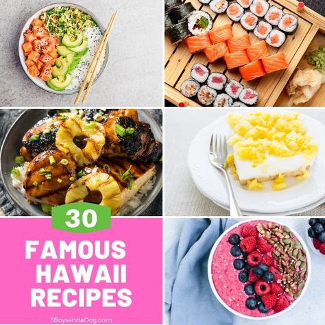 These Famous Hawaii Foods include shave ice, sushi, acai bowls, manapua, Haupia pie, and are rich in fresh fruit and seafood. Hawaii Foods, American Cuisine Recipes, State Recipes, Hawaii Recipes, Haupia Pie, 1950s Food, Southern Dinner, Hawaiian Recipes, Hawaiian Dishes