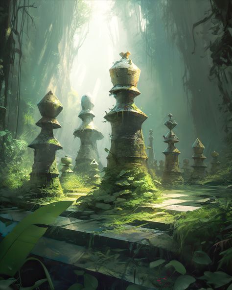 Fantasy nature environment featuring oversized chess pieces. Fantasy Chess Pieces, Chess Fantasy Art, Chess Concept Art, Chess Artwork, Chess Pieces Art, Chess Art, Medieval Chess, Giant Chess, Game Art Environment