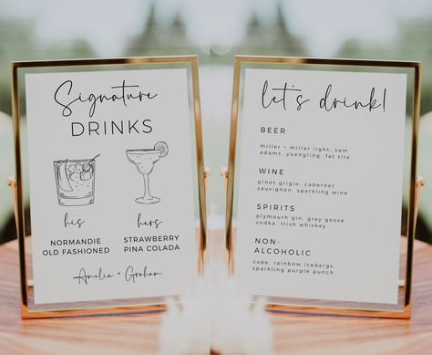 "EVERY PURCHASE COMES WITH A FREE 7 PAGE WEDDING CHECKLIST Also, please enjoy 60% off this item when you copy and paste the link below. https://lovelanepress.ck.page/discountcode -------------- DESCRIPTION -------------- This beautiful and customizable signature drink and bar menu sign will add a touch of elegance and minimalism to your special day. Our signature cocktails sign template features beautiful graphics and a charming layout that will leave a lasting impression on your guests. These editable templates make it easy to personalize the signs with your own unique signature cocktails and custom details. You can easily edit and print the templates from the comfort of your home or send it to a professional printer for a high-quality finish. Our wedding signature cocktails sign is the p Bar Menu Signs For Wedding, Drink Signage Wedding, Bar Drinks Wedding, Bar Idea For Wedding, Bar Wedding Decorations, Signature Drink Menu Wedding, Bar List For Wedding, Wedding Drink List, Drink Menu For Wedding