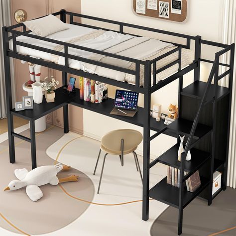 PRICES MAY VARY. 🥇🥇【Twin XL Loft Bed with Charging Station】The RGB LED lights on the back of the twin XL loft bed frame make the heavy duty loft bed twin XL useful and unique. With 16 color options, easily adjust brightness and color with a remote control. This twin XL loft bed designed with a charging station in L-Shaped desk(include USB ports and 2 outlets). Whether you want to charge your phone, tablet, laptop, or any other gadget, these built-in outlets and USB ports provide a hassle-free Twin Xl Loft Bed, Black Loft Bed, Twin Xl Loft, Loft Bed For Kids, Loft Bed With Stairs, Loft Bed Twin, Bed With Stairs, Desk And Storage, Storage Stairs