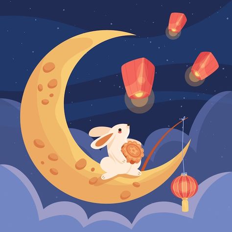 Mooncake Festival Illustration, Mid Autumn Illustration, Chinese Illustration Art, Rabbit Art For Kids, Cute Rabbit Wallpaper, Line Art Rabbit, Rabbit Art Illustration, Mid Autumn Festival Illustration, Rabbit Artwork