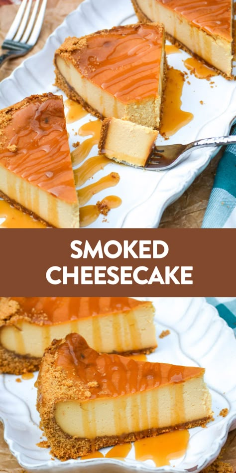 Smoked cheesecake is a fun spin on the traditional dessert. Mild smoky flavors elevate the classic dish with an extra note of flavor that’s perfect for summer! #cheesecake #dessert #recipe Smoked Cake Recipes, Smoked Baked Goods, Dessert On The Smoker, Desserts On The Smoker, Summer Cheesecake Flavors, Smoked Cheesecake Recipe, Pellet Grill Dessert Recipes, Traeger Desserts, Smoked Dessert Recipes