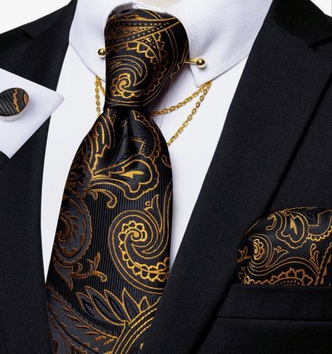 Black And Golden Suit Men, Men Black And Gold Suit, Black And Gold Aesthetic Fashion Men, Black Suits With Gold Accents Men, Black Gold Suit Men, Black And Gold Suits For Men, Black Suit Gold Tie, Black And Gold Outfit Men, Black And Gold Suit Men