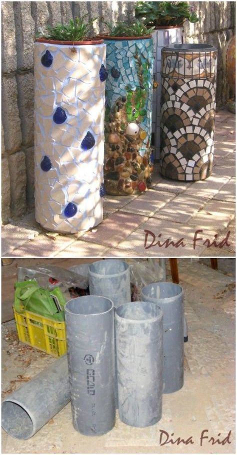 Pipe Flower, Whimsical Yard, Mosaic Planters, Mosaic Pots, Mosaic Flower Pots, Mosaic Garden Art, Mosaic Art Projects, Mosaic Stained, Garden Art Sculptures Diy