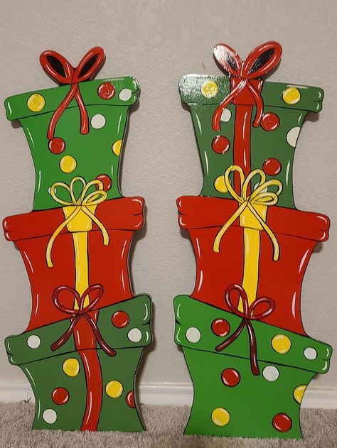 2 Large Present Topiary Wood Cut Outs - Etsy Dyi Christmas Yard Art, Christmas Yard Wood Cutouts, Wooden Christmas Cutouts Diy, Whoville Outdoor Decorations, Grinch Cutouts Yard Art, Present Topiary, Christmas Wood Cutouts Yard Art, Christmas Decor Ideas Grinch, Grinch Door Decorations