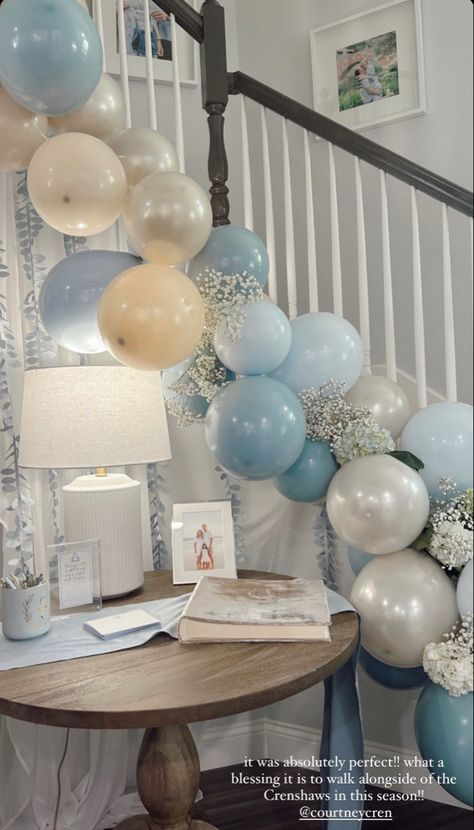 Christmas Theme Baby Shower Ideas Boy Blue, Grand Millennial Baby Shower Boy, Blue Christmas Baby Shower Ideas, Blue Winter Baby Shower Ideas, Blue Hydrangea Baby Shower Ideas, Baby Shower Inspo Boy, Simple Blue Baby Shower Ideas, Spring Baby Boy Shower Ideas, Casual Baby Shower Ideas