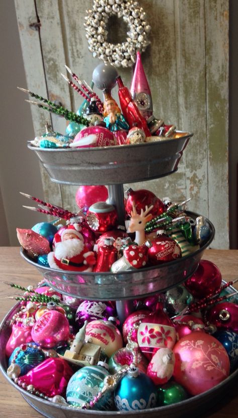 I scored so many beautiful vintage Christmas ornaments over the summer that I bought this three tiered galvanized tray to display them in Summer Ornaments, Three Tiered Tray, Shabby Chic Christmas Decorations, Christmas Booth, Chic Christmas Decor, Ornaments Ideas, Shabby Chic Christmas, Chic Christmas, Antique Christmas