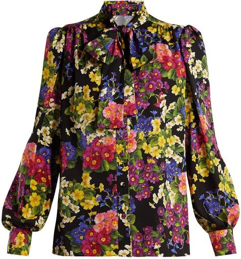 DOLCE & GABBANA Floral-printed silk blouse #blouse #pirinted_blouse #western_style #cool #stunning_look #stylish #jeans_top #smocked_top #floral_blouse #cold-shoulder_top #shopstyle Western Tops For Women, Black Silk Blouse, Black Ground, Botanical Shirt, Western Tops, Fantasy Closet, Romantic Outfit, Classy Work Outfits, Silk Charmeuse