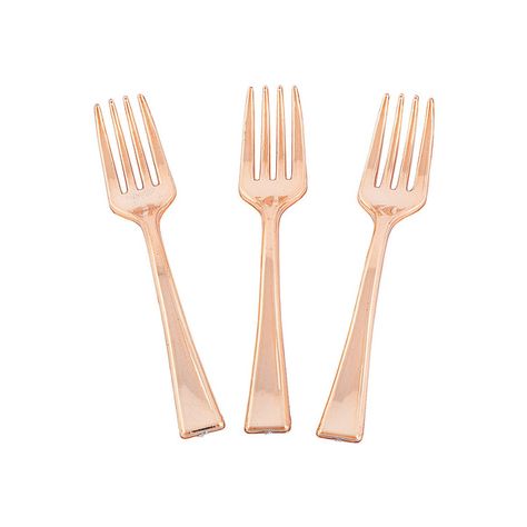 Metallic Rose Gold Mini Forks, Party Supplies, 50 Pieces | Wish Metallic Rose Gold, Pretty Cups, Plastic Spoons, Disposable Plates, Printed Napkins, Food Table, Plastic Plates, Small Bites, Disposable Tableware