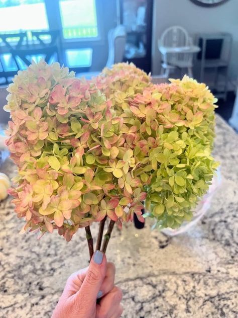 Simple Late Summer & Fall Hydrangea Centerpiece Ideas - The House on Silverado Fall Hydrangea Centerpiece, Dried Hydrangeas Centerpiece, Fall Displays, Fall Hydrangea, Hydrangea Centerpiece, Dried Hydrangeas, Hydrangea Bouquet, Autumn Display, Dried Bouquet