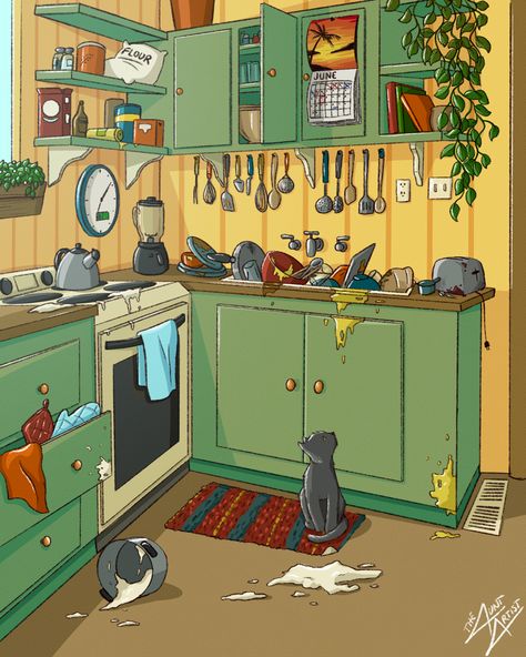 #illustration #digitalillustration #digitaldrawing #procreateillustration #kitchen #cozy Kitchen Interior Illustration, Kitchen Scene Illustration, Messy Kitchen Illustration, Vintage Kitchen Drawing, Messy Kitchen Drawing, Kitchen Animation, Illustrated Kitchen, Kitchen Reference, Living Room Illustration