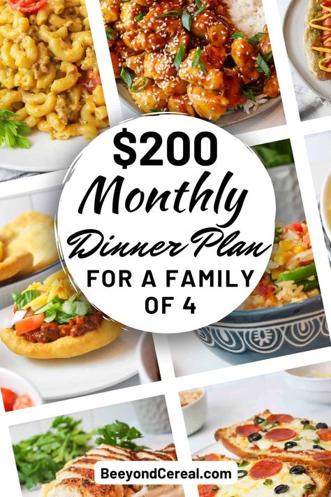 Looking for some inspiration this month? Check out these deliciously frugal diner ideas and see how you can feed your family for cheaper this month with this $200 Monthly Meal Plan for Family of 4. Monthly Meal Plan With Recipes, Month Of Meals Families, Month Menu Plan Families, Month Of Meals On A Budget, Easy Meal Prep For Family Of 4, Month Long Meal Plan, Feeding A Family Of 4 On $50 A Week, Monthly Meal Planning Ideas, 30 Day Meal Plan For Family