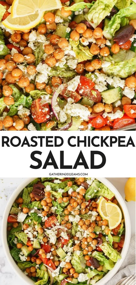 Roasted Chickpea Salad Roasted Chickpea Salad Bowl, Summer Chickpea Recipes, Summer Salads Meal Prep, Easy Salads To Pack For Lunch, Roasted Chickpeas For Salad, Warm Chickpea Salad, Roasted Chickpea Salad Recipes, High Protein Summer Salads, Low Fat Summer Meals