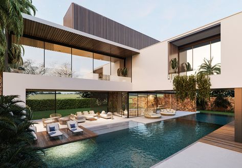 Modern Villa Design & visualization Based in Egypt :: Behance Villa In Egypt, Villas Design, Modern Bungalow House Design, Luxury Villa Design, Weird Design, Unique Bedroom Design, Courtyard Pool, Modern Villa Design, Modern Bungalow House