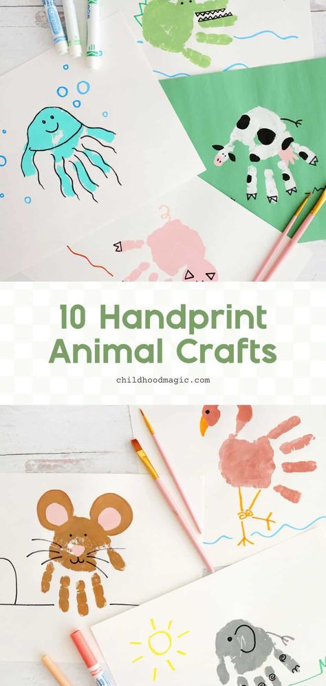 10 Handprint Animal Crafts That Kids Will Love! - Childhood Magic Hand Print Animals For Toddlers, Spring Handprint Art Toddlers, Pre K Handprint Art, Hand Painting Art Kids, Handprint Animals For Toddlers, Goat Handprint Craft, Painted Handprint Ideas, Baby Footprint Painting Ideas, Grandparent Handprint Craft