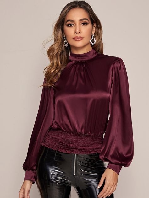 Satin Top Outfit, Satin Top Blouses, Satin Bluse, Gathered Neckline, Top Shein, Top Outfit, Satin Blouses, Women Blouses, Satin Blouse